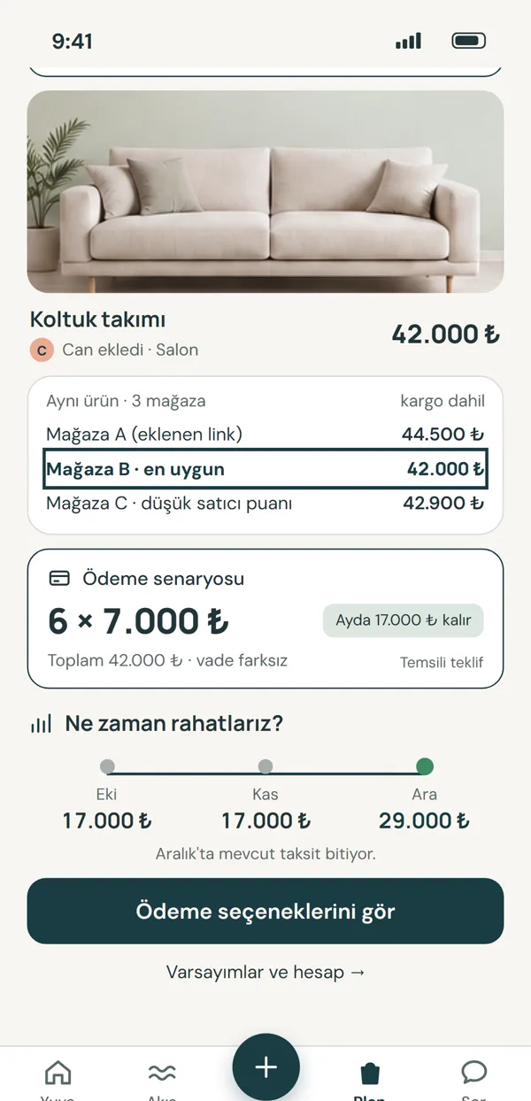 Plan ekranı: koltuk ve taksit senaryosu